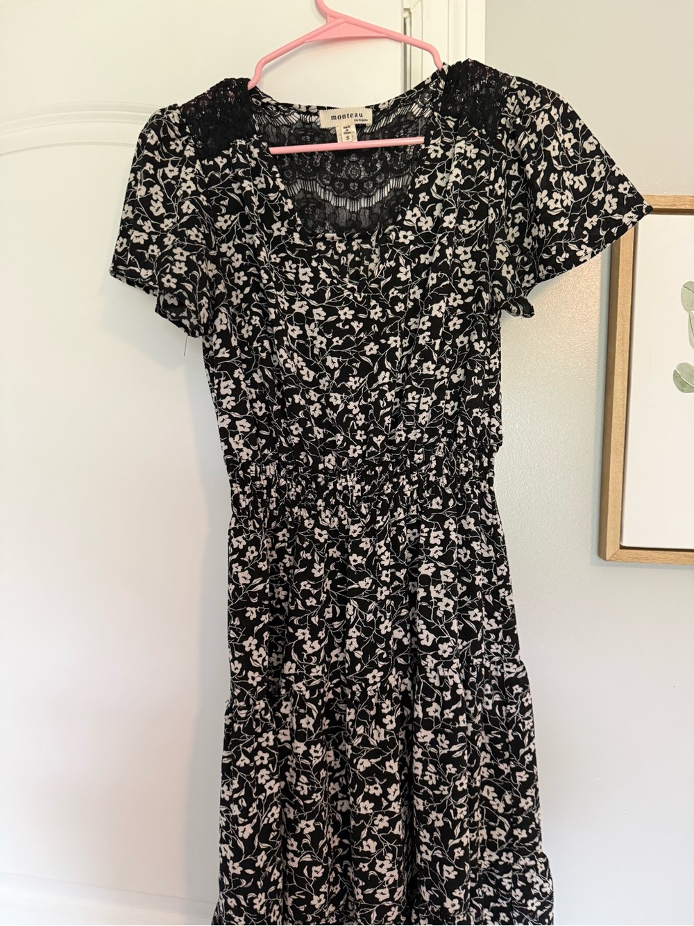 Monteau Black and White Floral Lace-Detail Midi Dress
